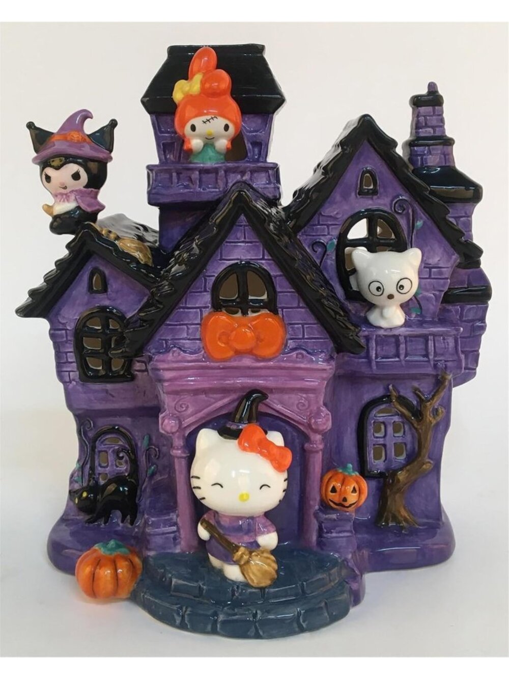 Haunted Candle House Halloween Decor, 7.75" Ceramic, Cute Kitty & Friends Design